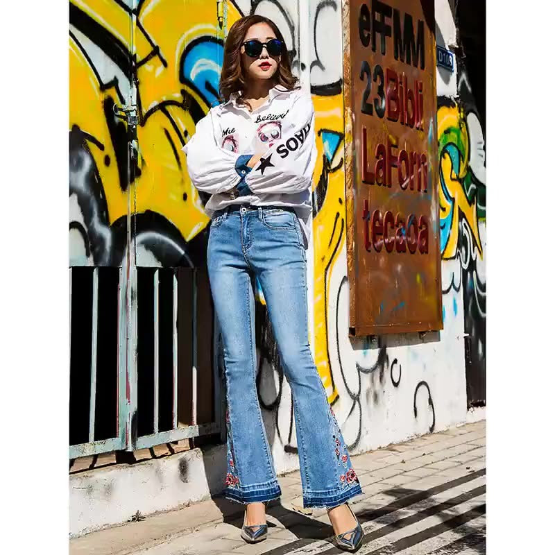 Women's Wide Leg Pants Jeans Bell Bottoms Embroidered Trousers