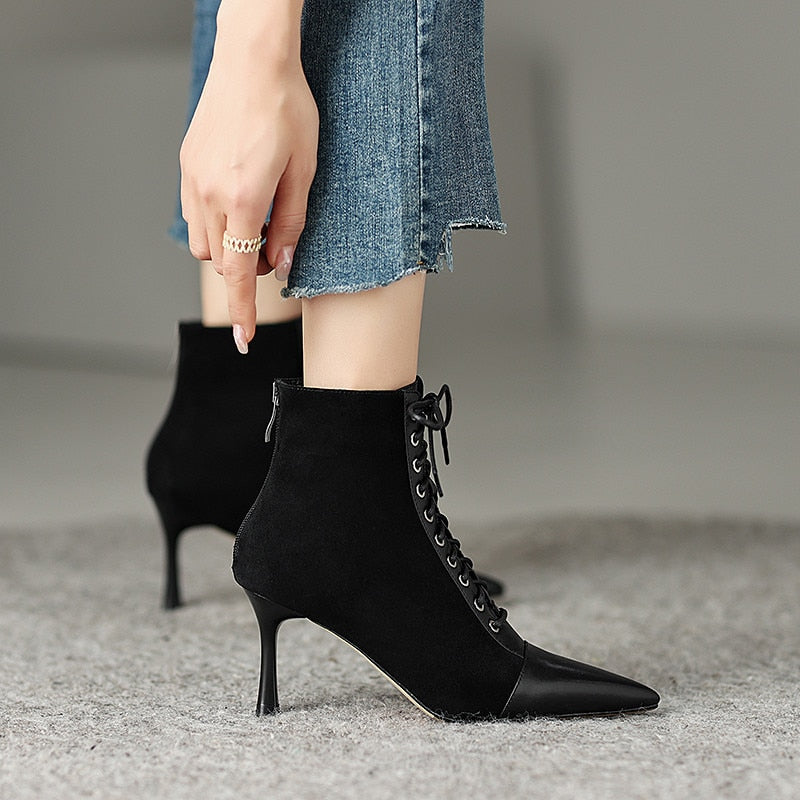 Mature Elegant Women Ankle Boots Pointed Toe Thin High Heels