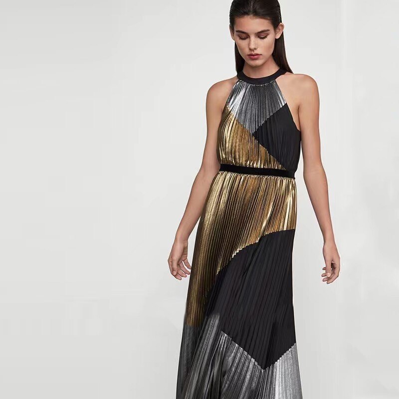 Fashion Women Pleated Long Dress Halter Stipend Sleeveless Party Night Birthday Stylish Dresses