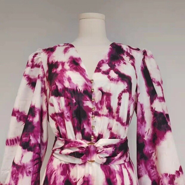 Spring And Autumn Runway Models Large Hem Splicing Print Long Dresses Female Fashion Seven Lantern Sleeves Long Dress