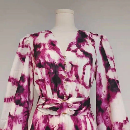 Spring And Autumn Runway Models Large Hem Splicing Print Long Dresses Female Fashion Seven Lantern Sleeves Long Dress