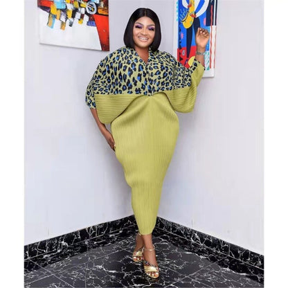 Miyake Pleated Leopard Print Color-Matching Dress Summer New Batwing Sleeve V-neck Plus Size Dress for Women Dress