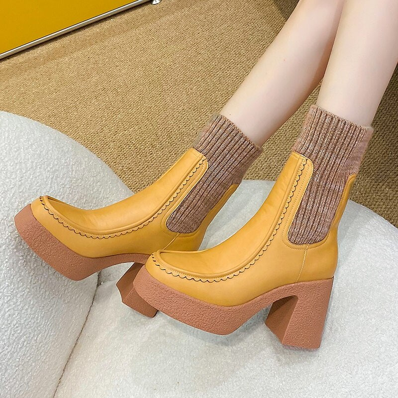 Platform Ankle Boots Woman Shoes Stretch Wool Leather