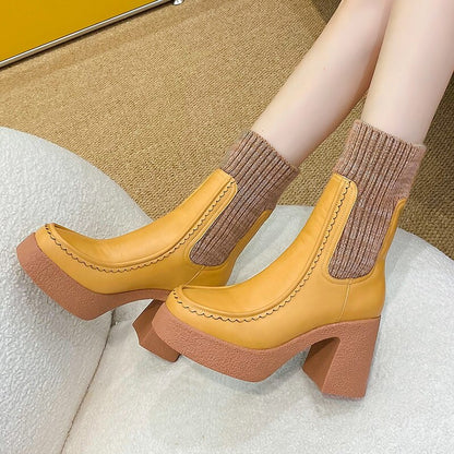 Platform Ankle Boots Woman Shoes Stretch Wool Leather