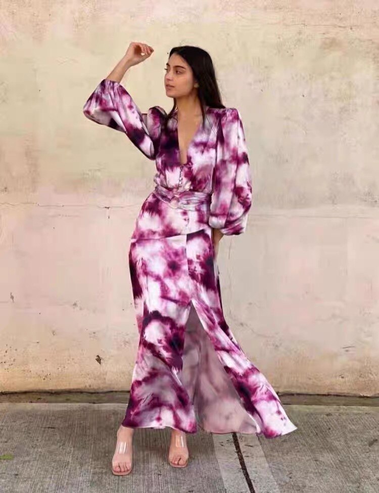 Spring And Autumn Runway Models Large Hem Splicing Print Long Dresses Female Fashion Seven Lantern Sleeves Long Dress