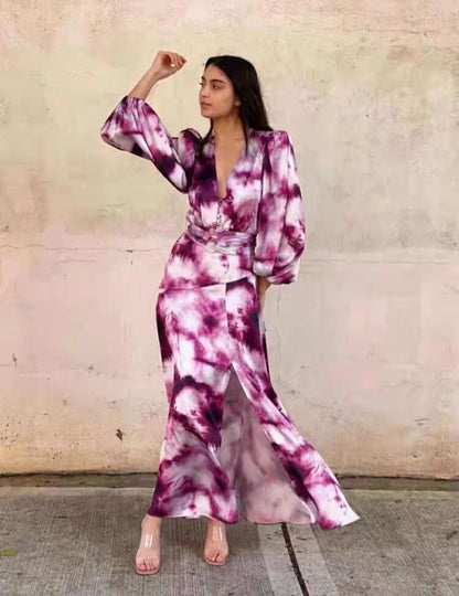 Spring And Autumn Runway Models Large Hem Splicing Print Long Dresses Female Fashion Seven Lantern Sleeves Long Dress