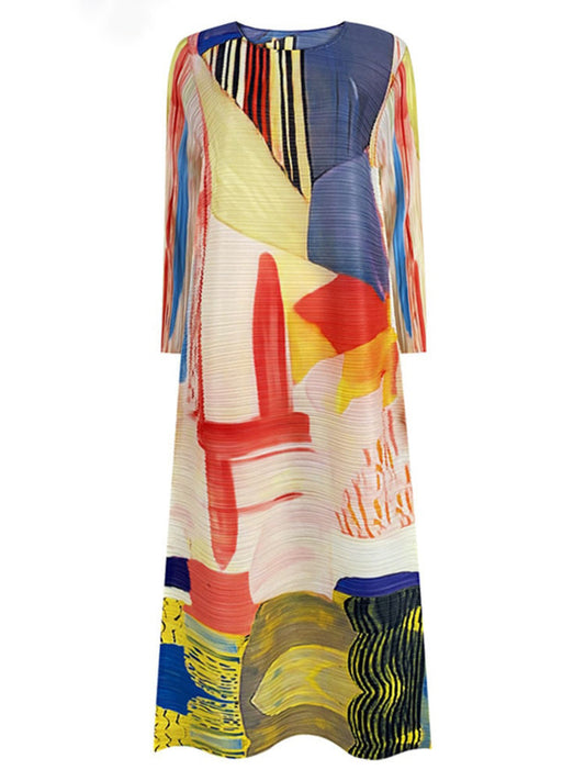 Woman Pleated Dress Multicolor Painting Elastic Waist Long Sleeve Straight Midi Casual Style New Autumn