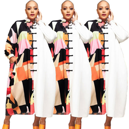 European and American Style Plus Size Personality Women's Single Breasted Long Sleeve Shirt Dress