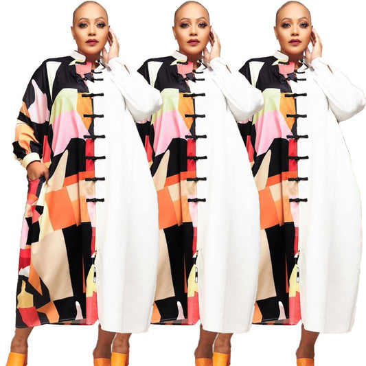 European and American Style Plus Size Personality Women's Single Breasted Long Sleeve Shirt Dress