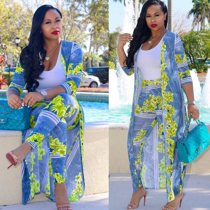 Plus Size Sexy two Piece Set Women clothes Cardigan Cloak Long Top And Bodycon Pant Matching Sets