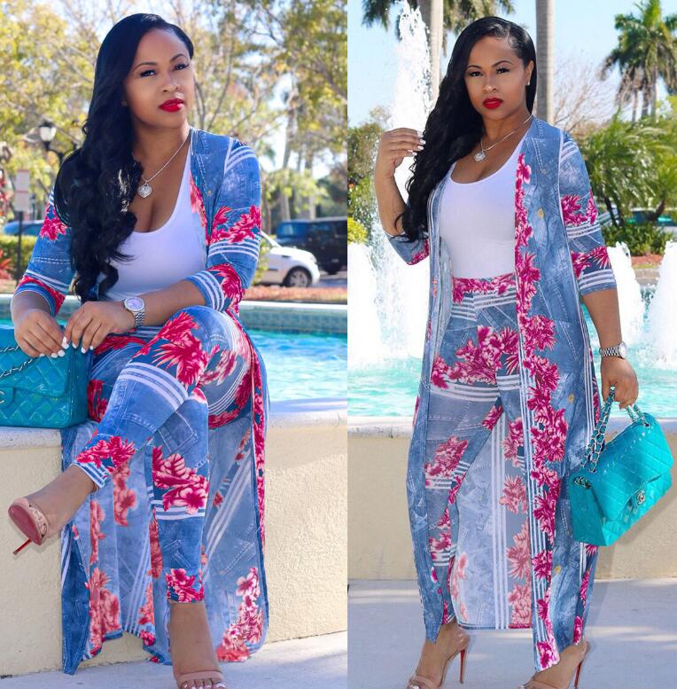 Plus Size Sexy two Piece Set Women clothes Cardigan Cloak Long Top And Bodycon Pant Matching Sets