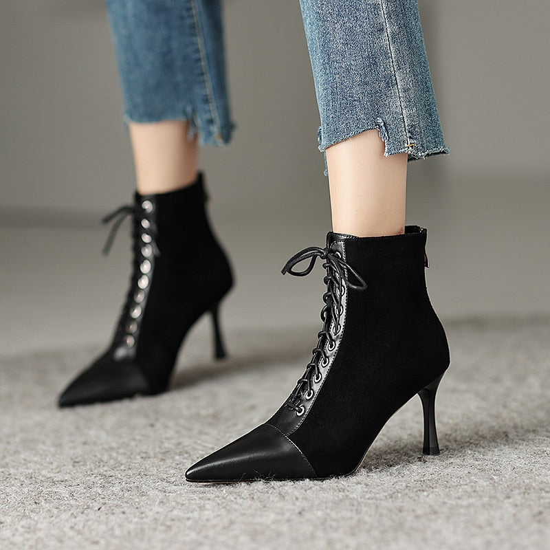 Mature Elegant Women Ankle Boots Pointed Toe Thin High Heels