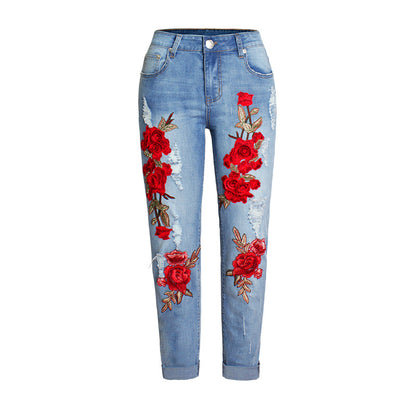 Women's Elastic Loose Jeans Women's Trousers Colorful Flowers 3D Three-Dimensional Embroidery Ripped Jeans