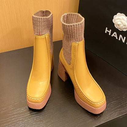Platform Ankle Boots Woman Shoes Stretch Wool Leather