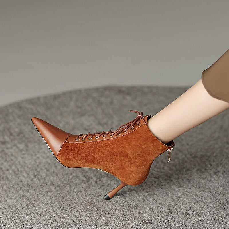 Mature Elegant Women Ankle Boots Pointed Toe Thin High Heels