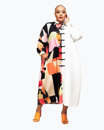European and American Style Plus Size Personality Women's Single Breasted Long Sleeve Shirt Dress
