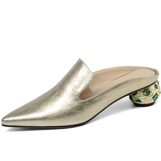 Women Thick Heels  New Arrival Rhinestone Pointed Toe Genuine Leather Slippers Mules Summer
