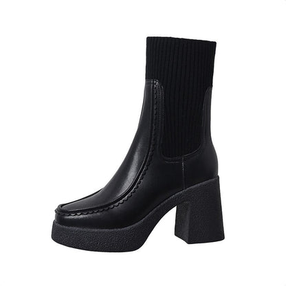 Platform Ankle Boots Woman Shoes Stretch Wool Leather