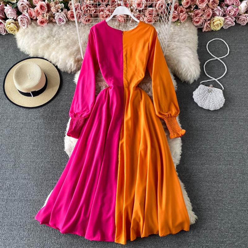 Spring New Shore Beach Tourism Holiday Big Swing Dress Color Contrast Slim V-Neck Dress