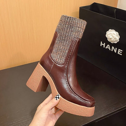 Platform Ankle Boots Woman Shoes Stretch Wool Leather