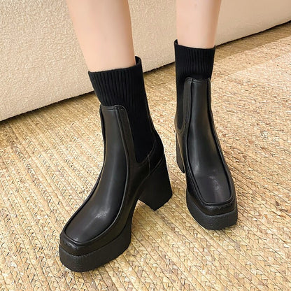 Platform Ankle Boots Woman Shoes Stretch Wool Leather