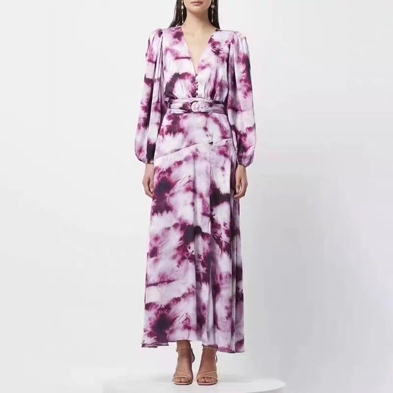 Spring And Autumn Runway Models Large Hem Splicing Print Long Dresses Female Fashion Seven Lantern Sleeves Long Dress