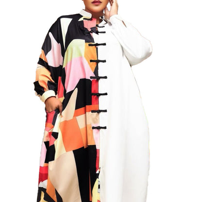 European and American Style Plus Size Personality Women's Single Breasted Long Sleeve Shirt Dress
