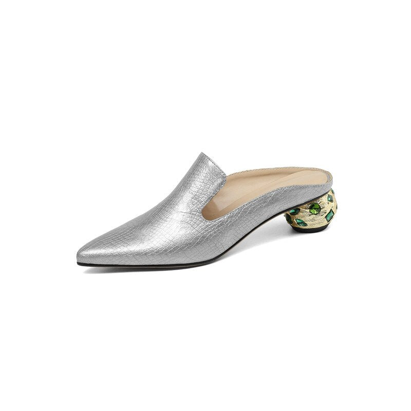 Women Thick Heels  New Arrival Rhinestone Pointed Toe Genuine Leather Slippers Mules Summer