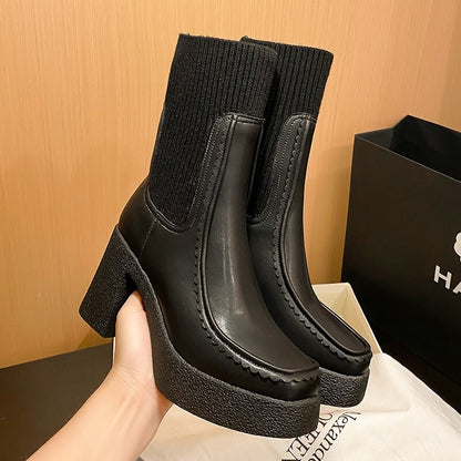 Platform Ankle Boots Woman Shoes Stretch Wool Leather