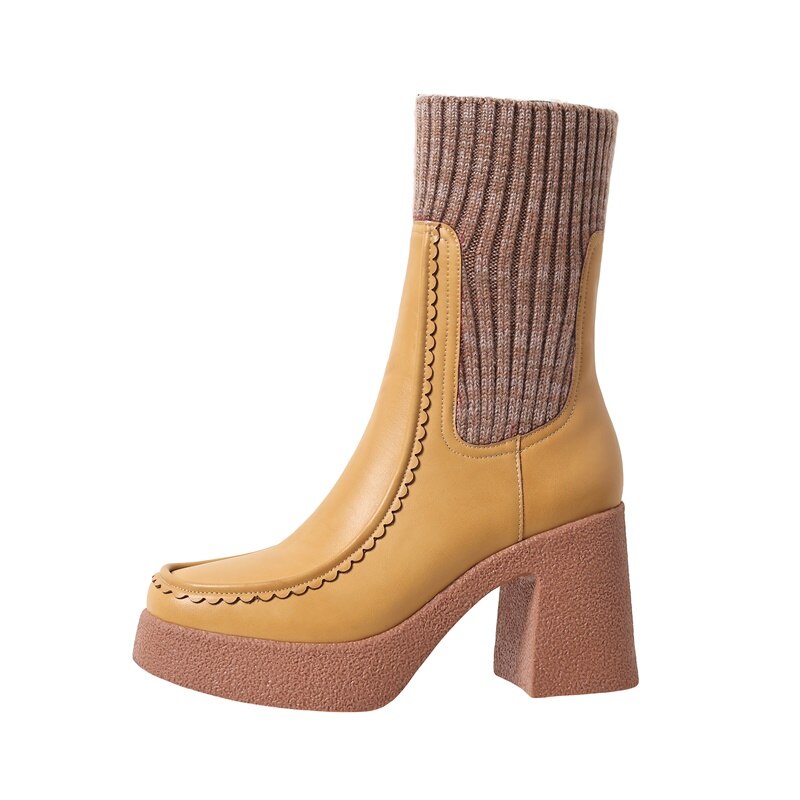 Platform Ankle Boots Woman Shoes Stretch Wool Leather